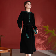 水墨佳人2024香云紗拼接100%桑蠶絲絲絨連衣裙女秋冬中國風(fēng)媽媽真絲中長(cháng)裙 黑色 XL (125-140斤)