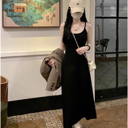 巧丂針織吊帶粉色連衣裙女春秋新款內(nèi)搭外穿辣妹chic收腰修身氣質(zhì)長(zhǎng)裙 黑色 均碼 （80-120斤）