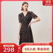 敦奴（DUNNU）dunnu敦奴2024夏季新款中長款法式V領(lǐng)雪紡印花連衣裙女 正黑色 L