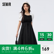 森马（Semir）连衣裙女方领小心机抽绳显高夏优雅修身拼接小黑裙通勤 黑白色调00491 165/88A/L