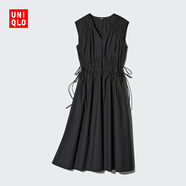 優(yōu)衣庫女裝棉質(zhì)打褶連衣裙無(wú)袖裙子度假收腰480630 09 黑色 L /160/88A