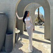 玉極虞ins街頭風(fēng)圓領(lǐng)長(cháng)款拖地網(wǎng)紗長(cháng)袖透視連衣裙包臀裙純色女 白色 不含內衣 L