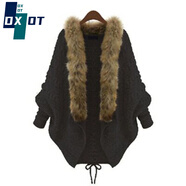 DXOT2025歐美短外套毛衣秋冬新款女長(cháng)袖寬松毛領(lǐng)針織衫開(kāi)衫厚蝙蝠衫潮 毛領(lǐng)黑色 均碼 60-160斤