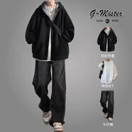 安初夏連帽夾克外套男士休閑套裝春秋季新款潮流學(xué)生衣服男裝一整套搭配 黑外套+長(cháng)袖+褶皺牛仔復古黑 XL