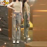 Sorrynam歐貨淺色個性破洞牛仔褲女彩繪新款重工刺繡釘珠拖地闊腿長褲 6067長褲 29