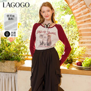 LAGOGO【抗菌】美式撞色插肩袖T恤女拉谷谷春季新款修身印花上衣 紅灰(HR) XL