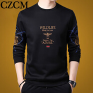 CZCM輕奢品牌圓領(lǐng)衛(wèi)衣男士logo春秋季款加絨休閑寬松長袖t恤運(yùn)動(dòng)上衣 黑色-蜜蜂藍(lán)色 L (建議120-140斤)