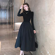 蕭遇（XIAOYU）2024秋冬新赫本風(fēng)黑色百搭半高領(lǐng)純色拼接復(fù)古長(zhǎng)袖收腰連衣裙長(zhǎng)裙 黑色 S