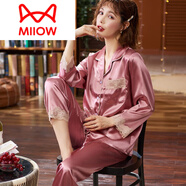 貓人（MiiOW）睡衣女士春季春夏季真絲綢長袖家居服絲綢薄款春秋款大碼套裝舒適 H-279紐扣蕾絲銹紅色 M 女