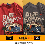魯賓克美式復(fù)古短袖t恤男潮牌寬松百搭趣味印花情侶半袖夏季圓領(lǐng)體恤衫 【兩件裝】紅色+灰色 XL