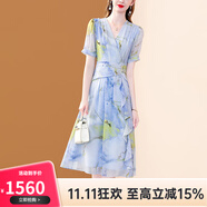 歐迪鳥氣質(zhì)印花V領(lǐng)連衣裙夏季2025新款設(shè)計(jì)感收腰顯瘦中長(zhǎng)大擺裙子 藍(lán)色 S