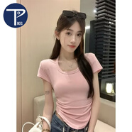 PMOG半截細(xì)吊帶短袖t恤女夏內(nèi)搭外穿性感短款美背打底上衣體恤潮 粉色 M