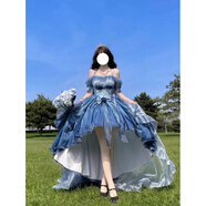 OTHER MIX藍色前短后長(cháng)花嫁禮服lolita連衣裙洋裝洛麗塔重工拖尾蓬蓬公主裙 藍色前短后長(cháng)裙子 XL 105斤-110斤 卡碼拍大