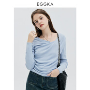 EGGKA蕩領修身針織衫女秋季2024設計感時尚小眾別致顯瘦長袖上衣 淺藍 均碼