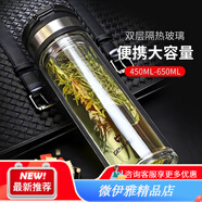 格亞（GEYA）玻璃杯大容量便攜水杯男士雙層加厚泡茶杯戶外水杯帶提手杯子 黑色-免費(fèi)刻字450ml