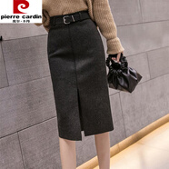 皮爾卡丹（pierre cardin）毛呢半身裙女秋冬新款包裙高腰顯瘦中長款開叉包臀裙加厚一步裙 深灰開叉 2XL 建議130-145斤
