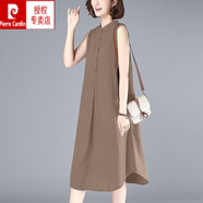皮爾卡丹（pierre cardin）棉麻連衣裙女色無袖中長裙2025夏季韓版寬松顯瘦百搭遮肚外穿裙 卡其色 M 建議80-100