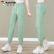 啄木鳥(niǎo)冰絲褲子女夏季小個(gè)子寬松大碼休閑褲女式束腳哈倫褲運動(dòng)褲 豆綠 M 建議80-95斤