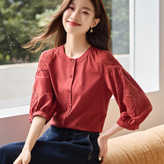 熙世界白色天絲襯衫女2025秋季新款獨特別致繡花七分袖襯衣女裝上衣 橙紅色 S