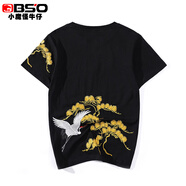 小魔怪BSO純棉短袖t恤男裝寬松衣服夏季新款 舒適透氣體恤衫松鶴刺繡T恤 黑色CJ2EV2011 M（115斤內(nèi)）