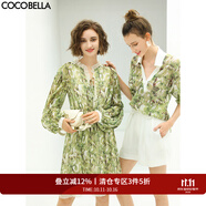 COCOBELLA肌理感壓褶花卉印花連衣裙女優(yōu)雅高腰長(zhǎng)袖雪紡裙FR512 碎花 L