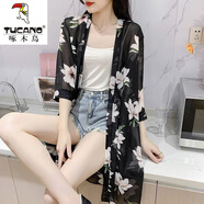 啄木鳥(niǎo)雪紡防曬衫女中長(cháng)款2025夏季新款韓版外搭開(kāi)衫披肩薄款外套冰絲 黑底大花 2XL