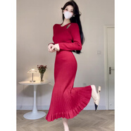 彈簧人（TANHUANGREN）韓國鏤空露肩魚(yú)尾裙小心機毛衣針織連衣裙女秋冬氣質(zhì)內搭打底長(cháng)裙 紅色 XL