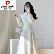 皮爾卡丹（pierre cardin）秋冬新款新中式改良旗袍加絨連衣裙女國風少女感裙子內搭打底長裙 米白色 常規(guī)款 L