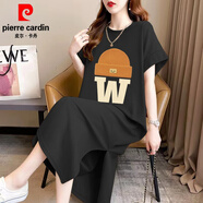 皮爾卡丹（pierre cardin）大碼女裝卡通短袖恤裙女夏季純棉寬松顯瘦中長(zhǎng)款過(guò)膝歐洲站連衣裙 黑色 3XL