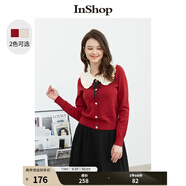 InShop【商場(chǎng)同款】新款甜美花邊娃娃領(lǐng)針織衫女蝴蝶結氣質(zhì)上衣 復古紅色 S