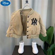 迪士尼（Disney）男童棒球服2024新款痞帥兒童秋季夾棉外套男孩寶寶秋冬裝輕薄棉服 卡其色 NY棒球服夾棉棉衣 100cm(建議身高95左右)