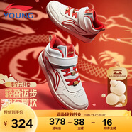 李寧童鞋兒童運動(dòng)鞋龍年新年紅品男大童減震回彈輕量拼接鞋面中幫休閑鞋YKCS184-9標準白/公牛紅36