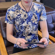 楠語秋男士短袖T恤新款潮流夏裝韓版精神小伙花色上衣服印花V領(lǐng)冰絲半 黃色 樹枝黃 XL (116~130斤)