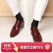 村哥牛皮休閑皮鞋男秋季商務(wù)正裝男士皮鞋真皮尖頭英倫婚鞋 棕色 43