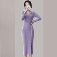 薩肯貓（SAKENMAO）2025秋冬氣質(zhì)收腰顯瘦長(cháng)款毛衣裙法式性感V領(lǐng)針織連衣裙淑女 黑色 均碼