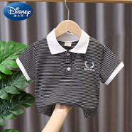 迪士尼（Disney）男童短袖T恤小童夏裝純棉兒童裝條紋3寶寶夏季男孩夏款上衣polo衫 黑色 130