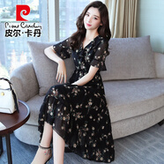 皮爾卡丹碎花雪紡連衣裙子女士夏季2025年新款寬松氣質(zhì)洋氣短袖中長裙女神 黑色 4XL (145-155斤)