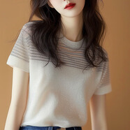 亮閃閃條紋短袖T恤女夏季法式小香風(fēng)設計感獨特小眾氣質(zhì)薄款上衣 黑白條紋 不是米色 L