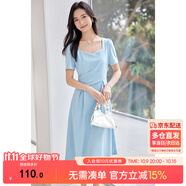 尚都比拉輕職場(chǎng)連衣裙女夏季收腰中長(cháng)裙泡泡袖裙子 淺藍色152L80063  M