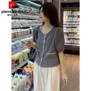 皮爾卡丹2025夏季新款設(shè)計(jì)感小眾泡泡袖上衣法式格子寬松薄款短袖襯衫女潮 格子 M
