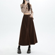 雷黛茜復古咖色燈芯絨半身裙女早秋新款高腰修身顯瘦中長(cháng)裙a字傘裙 咖啡色 S