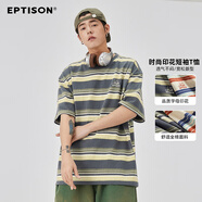 衣品天成  EPTISON國(guó)潮復(fù)古條紋純棉短袖T恤夏季寬松休閑潮流高街上衣男女 藍(lán)綠條 160