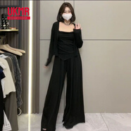 UKMR慵懶休閑套裝女春秋新款不規(guī)則吊帶開衫高腰拖地褲顯瘦氣質(zhì)三件套 黑色開衫+吊帶+褲子【三件套】 L 建議105-120斤