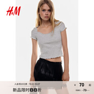 H&M女裝T恤2025秋季新款低圓領(lǐng)蕾絲飾邊修身短袖短款上衣1296486 混淺灰色 M 165/96