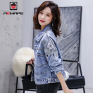 AEMAPE外套女2025春秋冬季新款女裝繡花牛仔短外套女韓版時(shí)尚氣質(zhì)上衣 藍色 S _建議75-96斤
