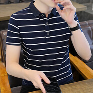 VACK夏天商務(wù)短袖t恤男潮流POLO衣服男夏季冰絲涼感t恤男裝翻領(lǐng)半袖男 T02寶藍(lán)(白條紋) 4XL (170-190斤)