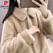 皮爾卡丹皮毛一體秋冬季新款水貂絨外套女短款保暖立領(lǐng)環(huán)保獺兔毛時尚外套 卡其色方I領(lǐng)高品質(zhì) M 105-120斤