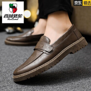 西域駱駝（VANCAMEL）男鞋2025四季新款英倫風(fēng)男士套腳休閑皮鞋韓版潮流一腳蹬豆豆鞋男 N20 棕色 39