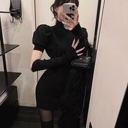 針織連衣裙女秋冬季2022新款設計感小眾泡泡袖半高領(lǐng)毛衣打底裙子 黑色 S  建議：85-90