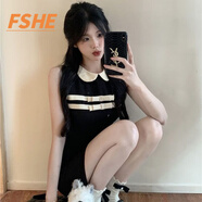 FSHE甜辣風撞色翻領(lǐng)娃娃領(lǐng)無袖連衣裙女春夏季修身顯瘦打底包臀裙子 黑色 S